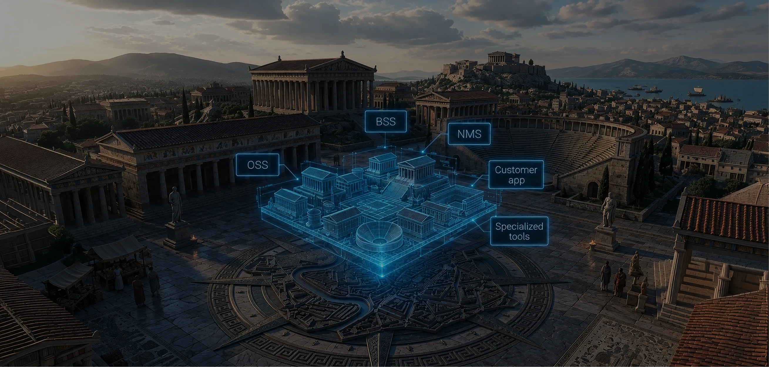 Telecom software visualized as a digital Roman forum Digital Roman forum illustrating telecom software architecture with OSS, BSS, NMS, customer app and specialized tools.